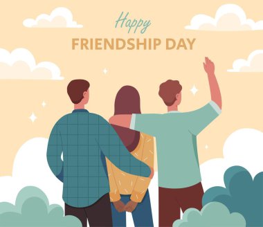 Arkadaşlık günü konsepti. Genç erkekler ve kadınlar kucaklaşır. Tatil ve festival, davetiye ve tebrik kartı tasarımı. İyi bir ilişki, sevgi, ilgi ve destek. Çizgi film düz vektör çizimi