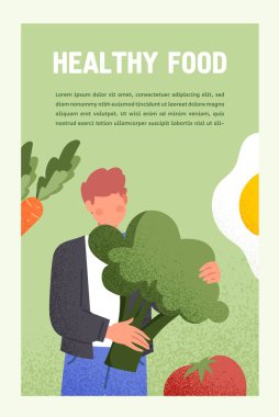 Brokolili bir adam. Sağlıklı yiyecekler, vitaminle dengeli beslenme. Taze sebzeler, doğal ve organik ürünler. Spor ve spor. Minimalist kapak, poster ya da afiş. Çizgi film düz vektör çizimi