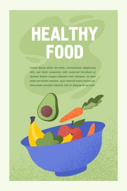 Avokadoyla salata. Sebzeli ve meyveli tabak. Doğru beslenme ve vejetaryen diyeti. Sitenin reklam afişi ya da afişi. Çiftçilik ve tarım, hasat. Çizgi film düz vektör çizimi