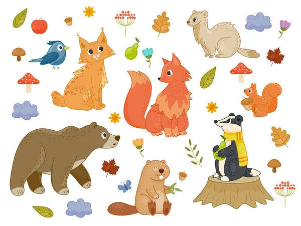 Set Hewan Hutan Lucu Dan Tanaman Stiker Dengan Luak Beruang - Stok Vektor