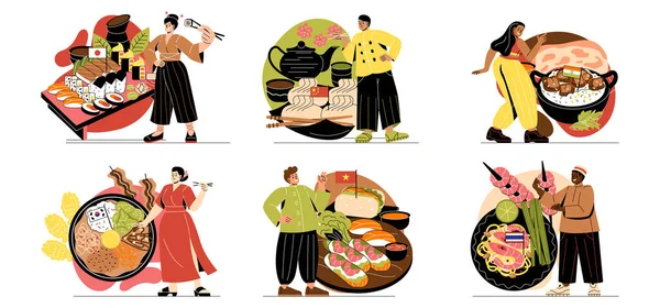 Azjatyckie Jedzenie Postacie Prezentują Tradycyjne Dania Kuchni Japońskiej Chińskiej Lub — Wektor stockowy