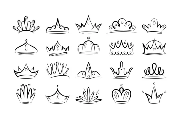 一组不同的线性冠冕 为国王 王后和王室成员制作的带有皇冠的简单图标 公主或苏丹的奢华日记 在白色背景下孤立的卡通平面矢量集合 — 图库矢量图片