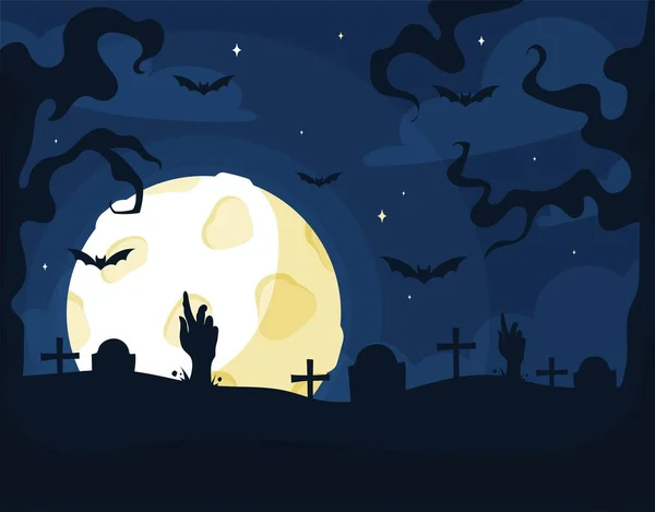 Poster Konzept Halloween Gruseliger Friedhof Bei Nacht Mondschein Tote Und — Stockvektor