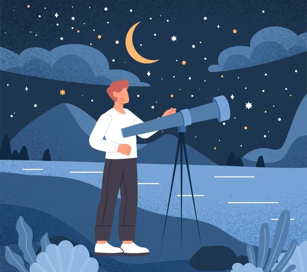 Mannen Som Tittar Stjärnhimlen Ung Person Med Teleskop Utomhus Astrologi — Stock vektor