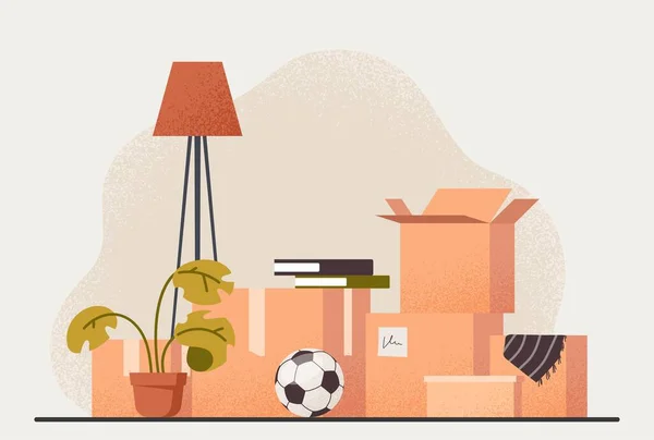 Déménagement Dans Nouvel Appartement Boîtes Avec Livres Plantes Ballon Football — Image vectorielle