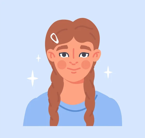 Avatar Portrait Personne Petite Fille Mignonne Adolescente Avec Longues Tresses — Image vectorielle