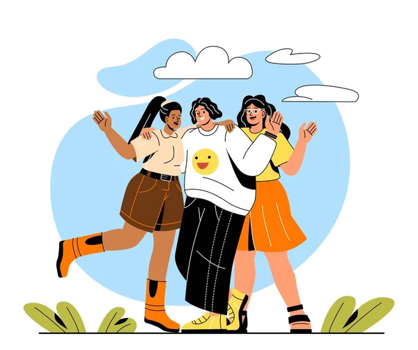 People waving concept. Friendly and affable girls embrace. Happy friends on walk. Youth and active lifestyle, stylish teenagers. Poster or banner for website. Cartoon flat vector illustration