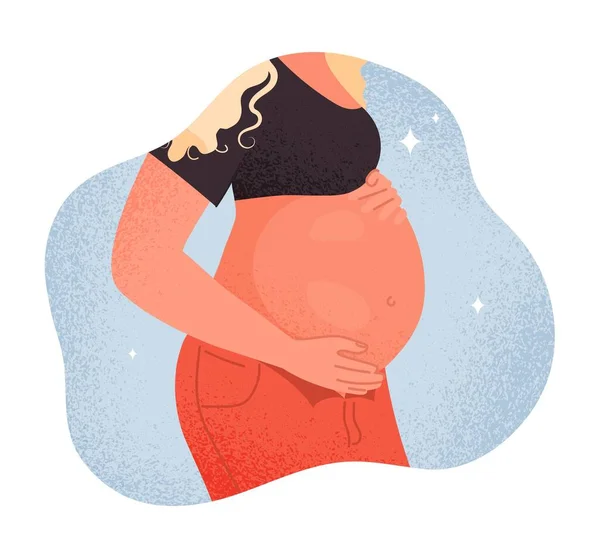 女人抱着肚子 怀孕少女怀孕 有孩子 有未来的父母 有母性 有亲子关系 快乐的性格爱抚着他的肚子 支持和关心 卡通平面矢量插图 — 图库矢量图片
