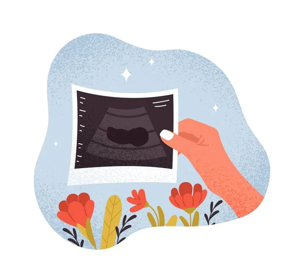 拿着超声波的女人小女孩看着肚子里的婴儿 医生的性格 分娩和母性的概念 网站的海报或横幅 卡通平面矢量插图 — 图库矢量图片