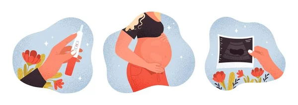 怀孕妇女设置 大肚皮的小女孩做孕检并接受超声波扫描 母亲和养育子女的概念 在白色背景上孤立的卡通平面矢量插图 — 图库矢量图片