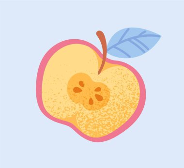 Okul ikonu. Elmanın yarısı dilimlenmiş bir poster. Okulda ders sırasında atıştırmalık. Meyve ya da sağlıklı yemek. Yazdırma için tasarım ögesi. Çizgi film düz vektör çizimi mavi arkaplanda izole edildi