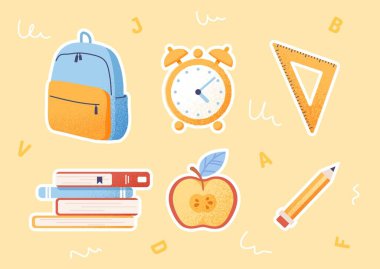 Okul malzemelerinin çıkartmaları. Kitap yığını, sırt çantası, yarım elma, kalem ve cetvel içeren renkli ikonlar. Eğitim ve öğrenim. Çizgi film düz vektör koleksiyonu bej arkaplanda izole edildi