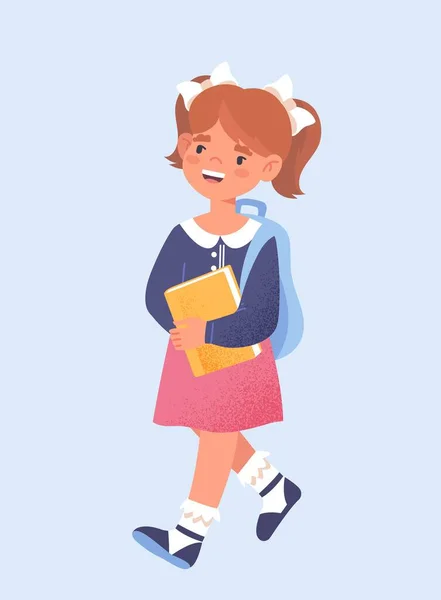 Back School Concept Smiling Girl School Uniform Holds Book Goes — Stock Vector