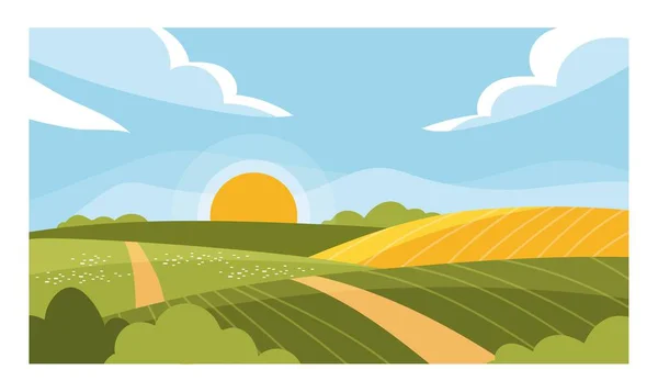 Summer season landscape. Green hills road, plants and countryside, farming. Fields with hay and planted plants. Travel and Adventure. Outdoor and nature concept. Cartoon flat vector illustration