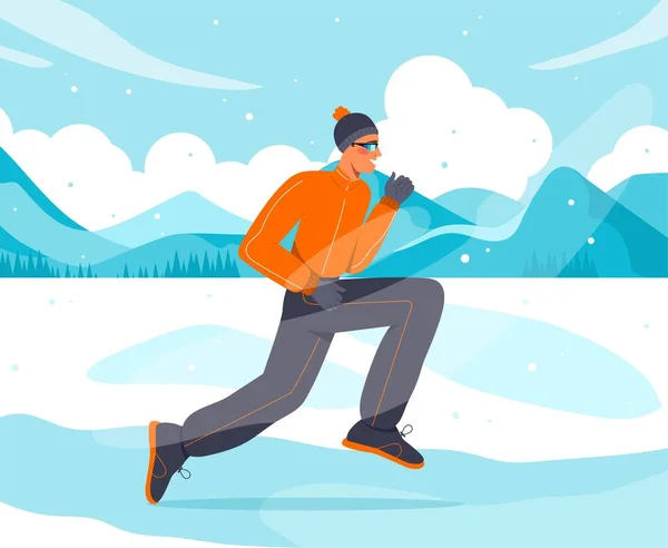 冬の季節にスポーツ ジャケットと帽子の男は雪の中を走ります アクティブなライフスタイル マラソンランナーやスプリンターのトレーニング 屋外の心臓トレーニング 脂肪燃焼 漫画フラットベクトルイラスト — ストックベクタ