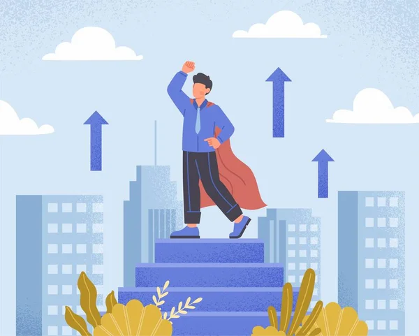 Super Hero Concept Man Raincoat Stands Roof Building Solemnly Raises — Stock Vector