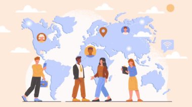 Başarılı ortaklık görüşmeleri. Taşıyıcı kadın ve erkek girişimciler anlaşma yapar ve el sıkışırlar. Küresel ya da uluslararası iş, işbirliği ve takım çalışması. Düz grafik çizgi film