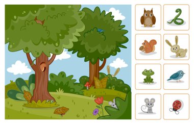 Educational game for kids. Puzzle game for kids and preschoolers with animals hidden in forest. Find and discover. Entertainment and pastime. Design element for print. Cartoon flat vector illustration clipart