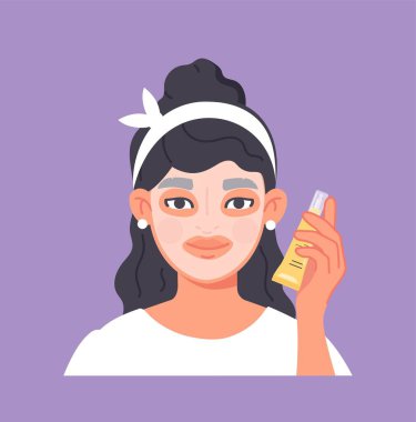 Losyonlu kadın. Kız yüzüne kozmetik ürünler sürüp maske takıyor. Cilt ve gençliğin sağlığıyla ilgilenmek, kırışıklıklarla savaşmak. Web sitesi için grafik ögesi. Çizgi film düz vektör çizimi