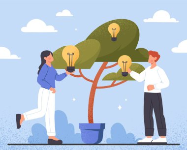 Yaratıcı iş fikri. Ağacın yanında ellerinde ampuller olan kadın ve erkek. İlham ve beyin fırtınası. Girişimci ve iş adamı. Yenilikçi ve girişimci. Çizgi film düz vektör çizimi