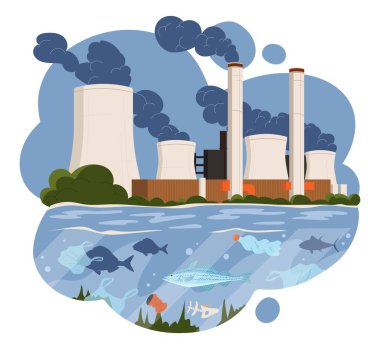 Hava kirliliği konsepti. Sigara fabrikaları, ekoloji ve çevre bakımı, küresel ısınmaya karşı mücadele. Motivasyon posteri ya da afişi. Çevre aktivizmi metaforu. Çizgi film düz vektör çizimi