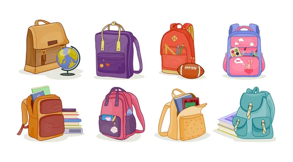 Okul Çantaları Hazır Okul Malzemeleri Için Farklı Sırt Çantaları Çantaları — Stok Vektör
