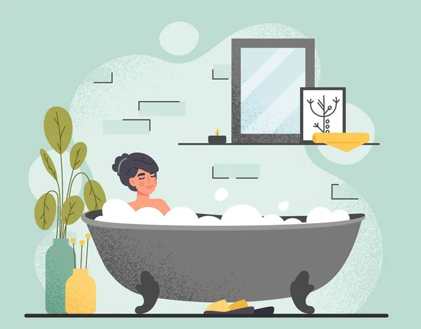 浴室里的女人小女孩躺在洗澡间里泡着泡着泡着澡 美容美发 日常事务 舒适舒适的公寓 海报或横幅 卡通平面矢量插图 — 图库矢量图片