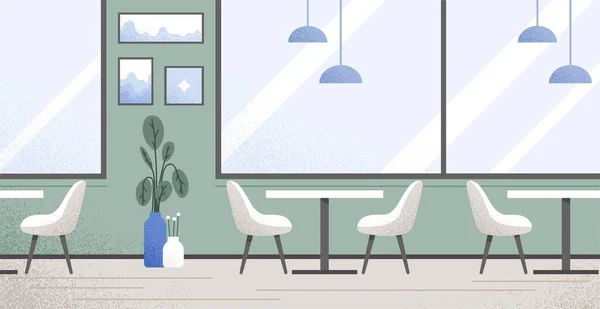 カフェのインテリアコンセプト 白い椅子と窓側のテーブル ウェブサイトのポスターやバナー 仕事や勉強の後にリラックスする場所 快適さと居心地の良い屋内 漫画フラットベクトルイラスト — ストックベクタ
