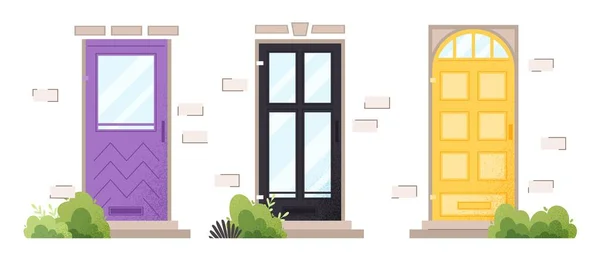 五颜六色的门设置 为网站收集图形元素 室外和私人财产 建筑物入口和室外立面 在白色背景上孤立的卡通平面矢量插图 — 图库矢量图片