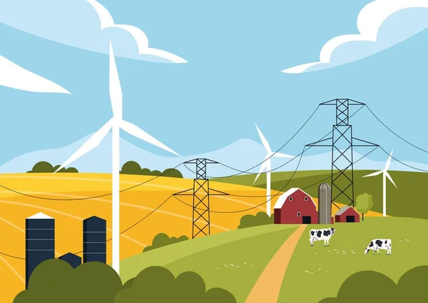 Αγροτεμάχιο Γραμμές Ηλεκτρικής Ενέργειας Μεταφορά Εναλλακτικής Πηγής Ενέργειας Γεωργία Και — Διανυσματικό Αρχείο