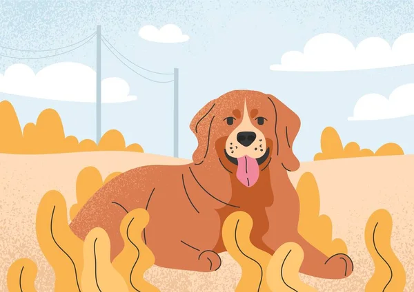 毛皮の犬の動物 茶色の犬は 黄色の葉を持つクリアリングや芝生の中に自然の中にあります 自然の風景や野生の生活 ウェブサイトのポスターやバナー 漫画フラットベクトルイラスト — ストックベクタ