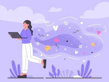 Dizüstü bilgisayarlı kadın. Eğitim, eğitim ve öğrenme metaforu, uzaktaki öğrenci ya da çalışan. Modern teknolojiler ve dijital dünya. Web sitesi afişi ya da afişi. Çizgi film düz vektör çizimi