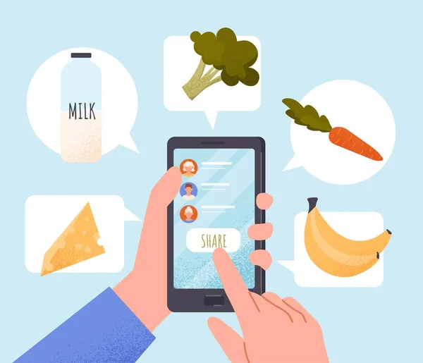Essen Online Teilen Charakter Mit Smartphone Bestellt Natürliche Und Biologische — Stockvektor