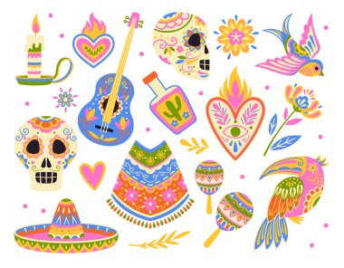 Meksika element koleksiyonu. Dia de los muertos, ölüm günü. Kafatasları, marakalar, sombrero, gitar ve çiçek desenli kalpler. Beyaz arkaplanda izole edilmiş çizgi film düz vektör çizimleri