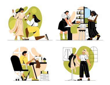 İş yerindeki terzi. Dikiş işini kucaklayan kadın ve erkeklerin derlemesi. Giysi imalatı. Stüdyoda nişancı ve terzi. Beyaz arkaplanda izole edilmiş çizgi film düz vektör çizimleri