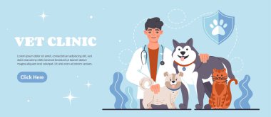 Gazi kliniği afişi. Steteskoplu adam kedi ve köpeğin yanında duruyor. Büyük evcil hayvanları olan, tıbbi giysili bir işyeri veterineri. Reklam afişi ya da afişi. Çizgi film düz vektör çizimi