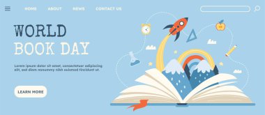 Dünya kitabı günü. Dağlar ve roketler açık kitap, ders kitabı ve kurgu sayfaları üzerinde. Eğitim ve eğitim. Edebiyat aşkı ve yararlı hobi. Tatil ve festival. Çizgi film düz vektör çizimi