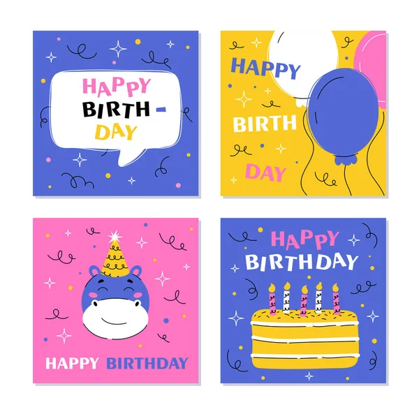Karteczki Urodzinowe Gotowe Ciasto Świecami Kolorowe Balony Hipopotam Kapeluszu Wakacje — Wektor stockowy