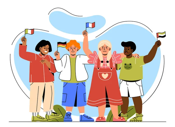 Děti Vlajkami Zemí Kluci Itálie Německa Sae Holka Francie Mezinárodní — Stockový vektor