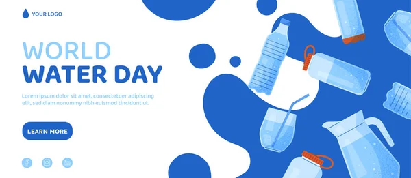 Su içme kavramı. Şişeler, bardaklar ve temiz sıvıyla dolu sürahi. Aqua ve H2O. Aktif ve sağlıklı yaşam tarzı, susuzlukla mücadele. Dünya su günü afişi. Çizgi film düz vektör çizimi