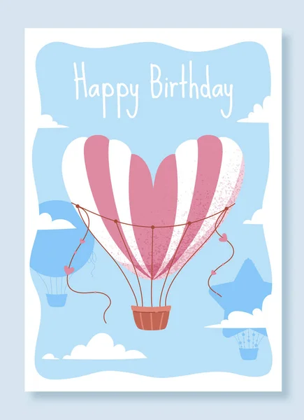 Joyeux Anniversaire Avec Ballon Gonflable Transport Aérien Forme Coeur Ciel — Image vectorielle