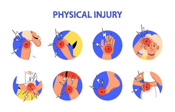 Physical injuries set. Men and women with pain in knee, shoulder, elbow, and fingers and toes. Medical infographic, illness set. Cartoon flat vector illustrations isolated on white background