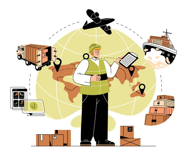 International Logistics Management Man Document Stands Next Globe Import Export — Stock Vector