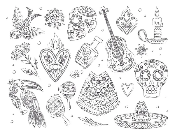 Ensemble Style Mexicain Doodle Crânes Minimalistes Des Cœurs Avec Des — Image vectorielle
