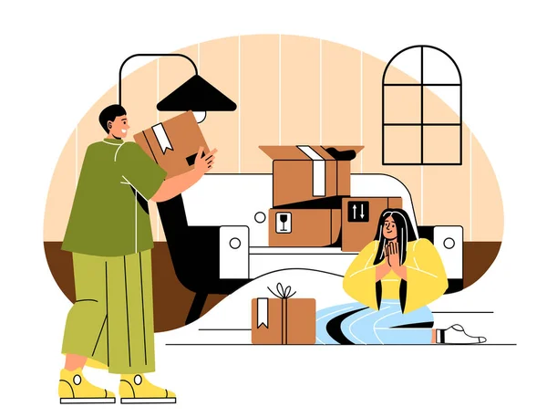 Семья Переезжает Новый Дом Мужчина Женщина Коробками Новой Комнате Переезд — стоковый вектор