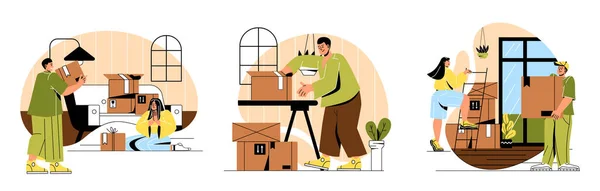 Moving New Home Set Relocation Emigration Men Women Apartment House — Stock Vector