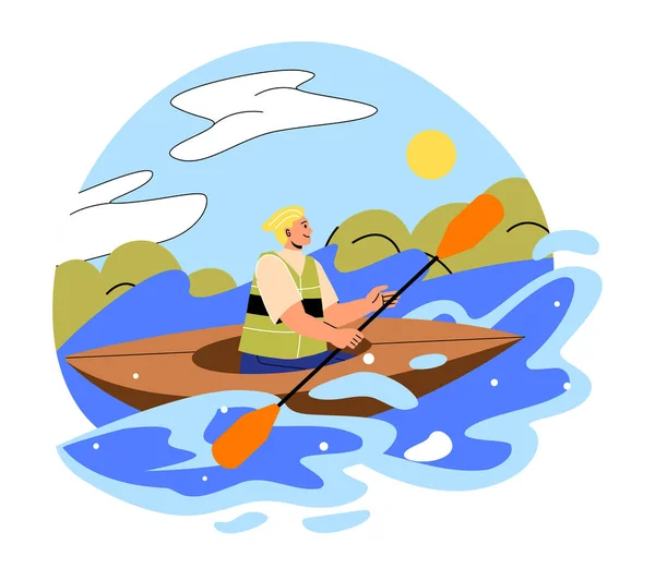 Rafting Canoa Hombre Navegando Barco Con Remo Sus Manos Joven — Vector de stock