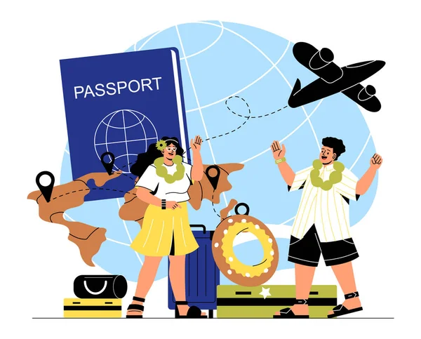 Concept Tourism Man Woman Beachwear Stand Front Globe Foreign Passport — Stock Vector