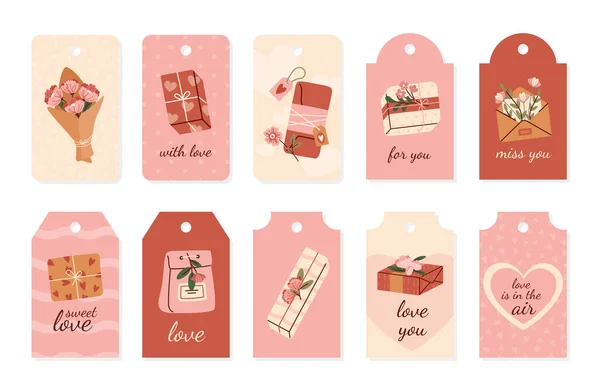 バレンタインタグのセット 贈り物やプレゼントのコレクション 愛とロマンス 心臓とバックパック 白を基調とした漫画平面ベクトルイラスト — ストックベクタ