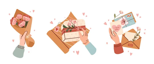 Valentinstag Eingestellt Hände Mit Umschlag Geschenk Und Blumenstrauß Romantische Geschenke — Stockvektor